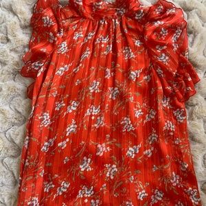 Red w/ Blue Flower short sleeve blouse, size S